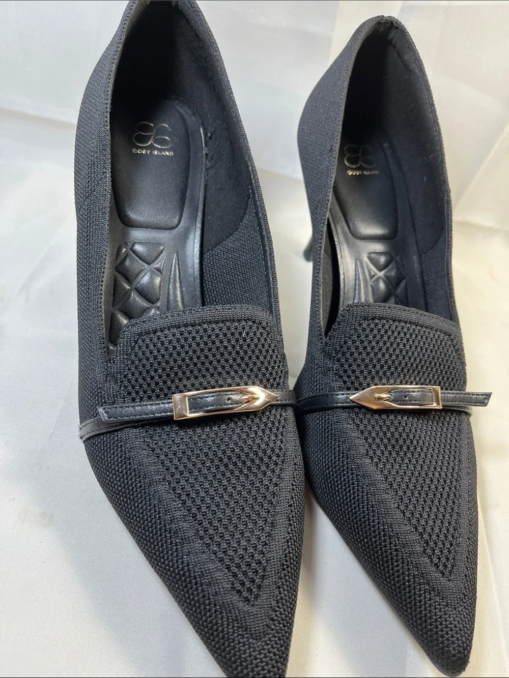 Pointed Black Knit Loafers with Gold Buckle